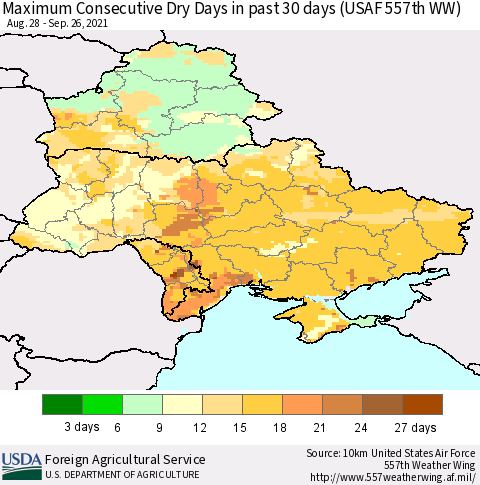 Ukraine, Moldova and Belarus Maximum Consecutive Dry Days in past 30 days (USAF 557th WW) 09/26/2021 Thematic Map For 9/20/2021 - 9/26/2021