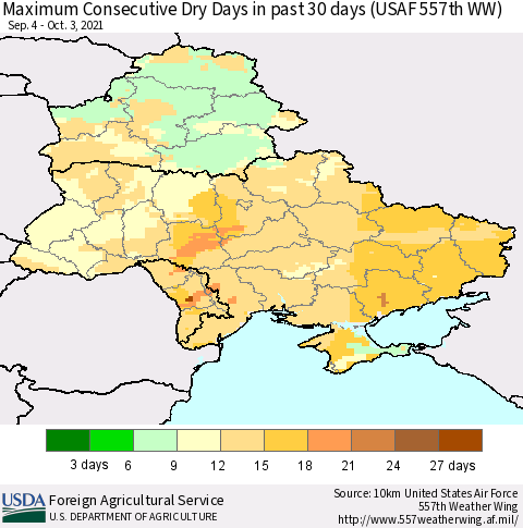 Ukraine, Moldova and Belarus Maximum Consecutive Dry Days in past 30 days (USAF 557th WW) 10/03/2021 Thematic Map For 9/27/2021 - 10/3/2021