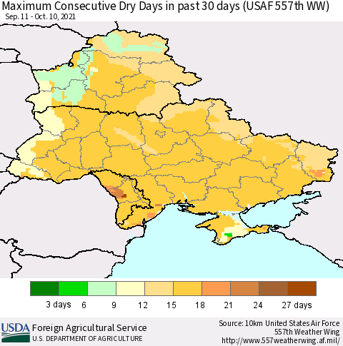 Ukraine, Moldova and Belarus Maximum Consecutive Dry Days in past 30 days (USAF 557th WW) 10/10/2021 Thematic Map For 10/4/2021 - 10/10/2021