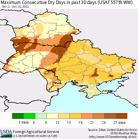 Ukraine, Moldova and Belarus Maximum Consecutive Dry Days in past 30 days (USAF 557th WW) 10/31/2021 Thematic Map For 10/25/2021 - 10/31/2021