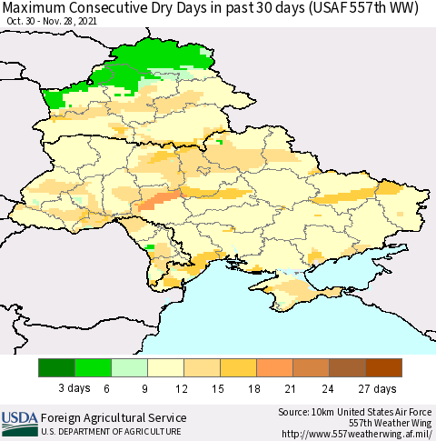 Ukraine, Moldova and Belarus Maximum Consecutive Dry Days in past 30 days (USAF 557th WW) 11/28/2021 Thematic Map For 11/22/2021 - 11/28/2021