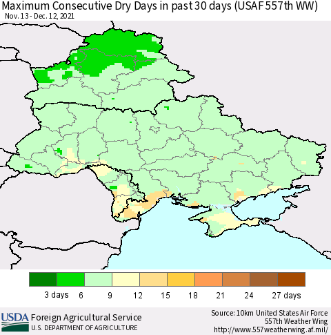 Ukraine, Moldova and Belarus Maximum Consecutive Dry Days in past 30 days (USAF 557th WW) 12/12/2021 Thematic Map For 12/6/2021 - 12/12/2021