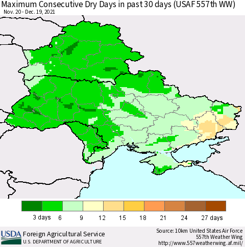Ukraine, Moldova and Belarus Maximum Consecutive Dry Days in past 30 days (USAF 557th WW) 12/19/2021 Thematic Map For 12/13/2021 - 12/19/2021