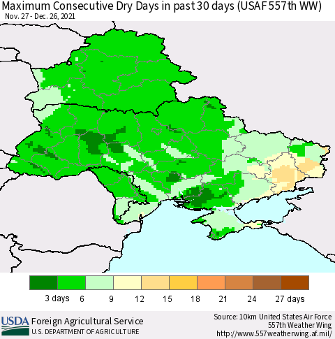 Ukraine, Moldova and Belarus Maximum Consecutive Dry Days in past 30 days (USAF 557th WW) 12/26/2021 Thematic Map For 12/20/2021 - 12/26/2021