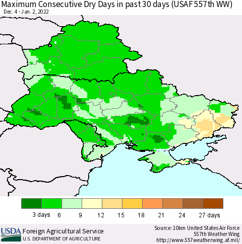 Ukraine, Moldova and Belarus Maximum Consecutive Dry Days in past 30 days (USAF 557th WW) 01/02/2022 Thematic Map For 12/27/2021 - 1/2/2022