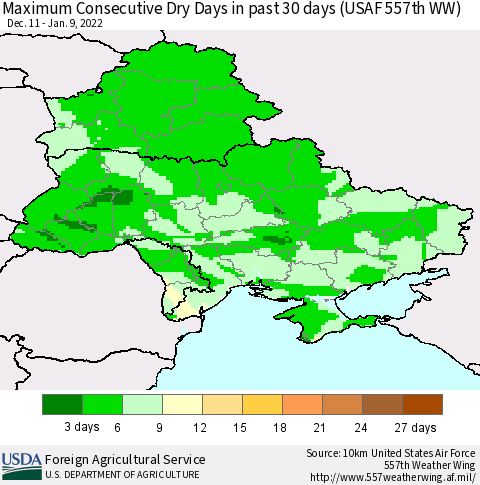 Ukraine, Moldova and Belarus Maximum Consecutive Dry Days in past 30 days (USAF 557th WW) 01/09/2022 Thematic Map For 1/3/2022 - 1/9/2022
