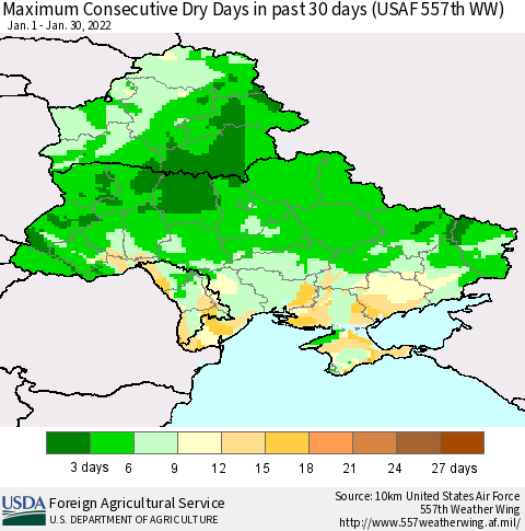 Ukraine, Moldova and Belarus Maximum Consecutive Dry Days in past 30 days (USAF 557th WW) 01/30/2022 Thematic Map For 1/24/2022 - 1/30/2022