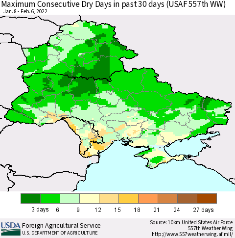 Ukraine, Moldova and Belarus Maximum Consecutive Dry Days in past 30 days (USAF 557th WW) 02/06/2022 Thematic Map For 1/31/2022 - 2/6/2022