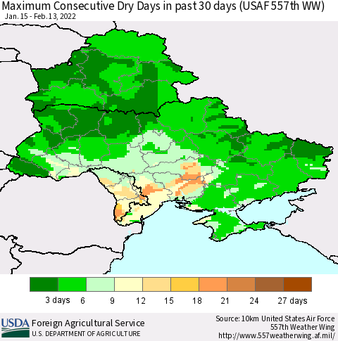 Ukraine, Moldova and Belarus Maximum Consecutive Dry Days in past 30 days (USAF 557th WW) 02/13/2022 Thematic Map For 2/7/2022 - 2/13/2022