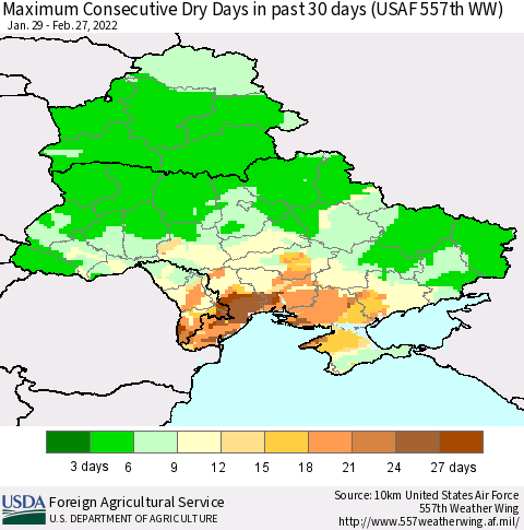 Ukraine, Moldova and Belarus Maximum Consecutive Dry Days in past 30 days (USAF 557th WW) 02/27/2022 Thematic Map For 2/21/2022 - 2/27/2022