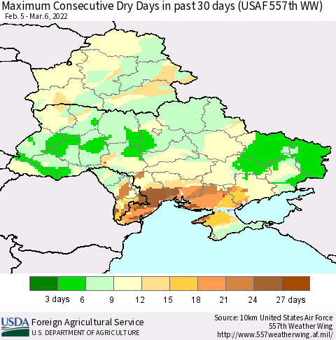 Ukraine, Moldova and Belarus Maximum Consecutive Dry Days in past 30 days (USAF 557th WW) 03/06/2022 Thematic Map For 2/28/2022 - 3/6/2022