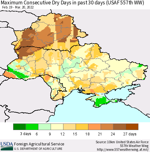 Ukraine, Moldova and Belarus Maximum Consecutive Dry Days in past 30 days (USAF 557th WW) 03/20/2022 Thematic Map For 3/14/2022 - 3/20/2022