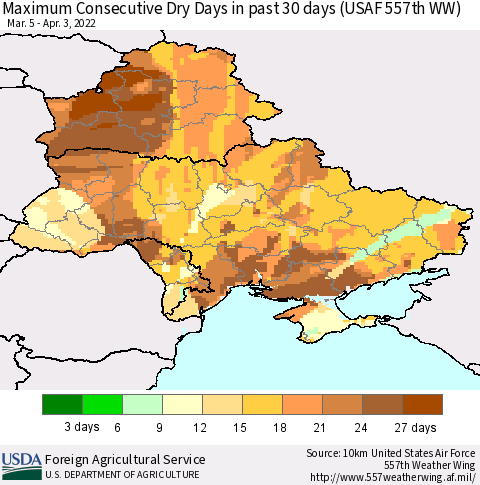 Ukraine, Moldova and Belarus Maximum Consecutive Dry Days in past 30 days (USAF 557th WW) 04/03/2022 Thematic Map For 3/28/2022 - 4/3/2022