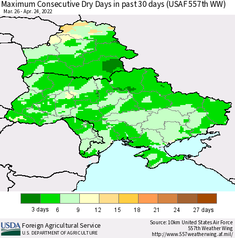 Ukraine, Moldova and Belarus Maximum Consecutive Dry Days in past 30 days (USAF 557th WW) 04/24/2022 Thematic Map For 4/18/2022 - 4/24/2022