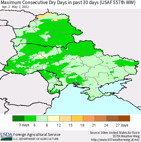 Ukraine, Moldova and Belarus Maximum Consecutive Dry Days in past 30 days (USAF 557th WW) 05/01/2022 Thematic Map For 4/25/2022 - 5/1/2022