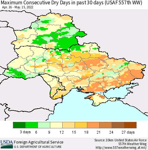 Ukraine, Moldova and Belarus Maximum Consecutive Dry Days in past 30 days (USAF 557th WW) 05/15/2022 Thematic Map For 5/9/2022 - 5/15/2022