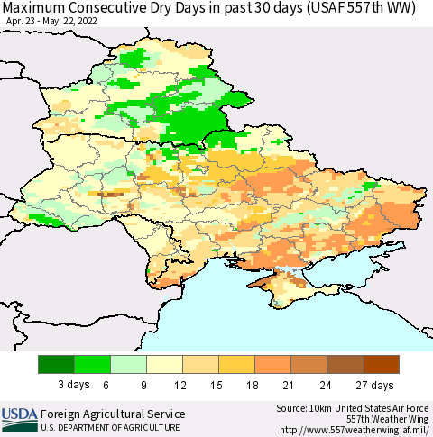 Ukraine, Moldova and Belarus Maximum Consecutive Dry Days in past 30 days (USAF 557th WW) 05/22/2022 Thematic Map For 5/16/2022 - 5/22/2022