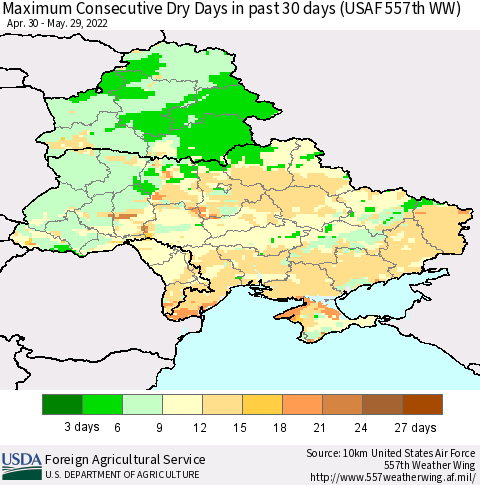 Ukraine, Moldova and Belarus Maximum Consecutive Dry Days in past 30 days (USAF 557th WW) 05/29/2022 Thematic Map For 5/23/2022 - 5/29/2022