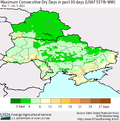Ukraine, Moldova and Belarus Maximum Consecutive Dry Days in past 30 days (USAF 557th WW) 06/05/2022 Thematic Map For 5/30/2022 - 6/5/2022