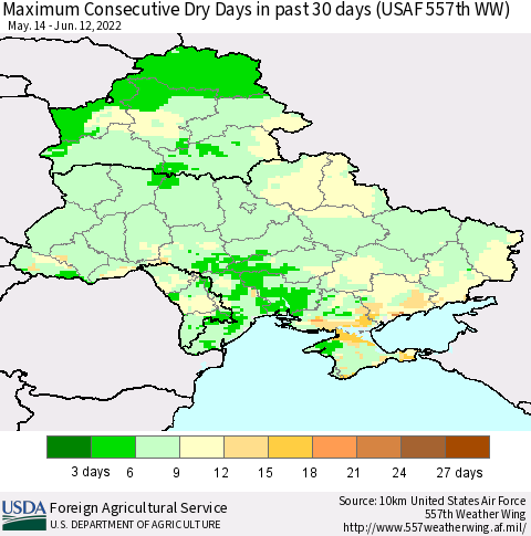 Ukraine, Moldova and Belarus Maximum Consecutive Dry Days in past 30 days (USAF 557th WW) 06/12/2022 Thematic Map For 6/6/2022 - 6/12/2022
