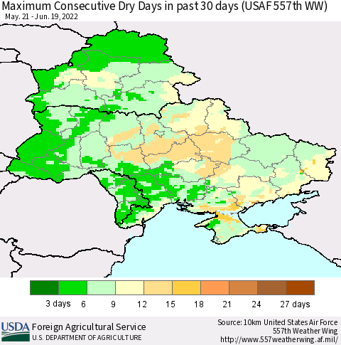 Ukraine, Moldova and Belarus Maximum Consecutive Dry Days in past 30 days (USAF 557th WW) 06/19/2022 Thematic Map For 6/13/2022 - 6/19/2022