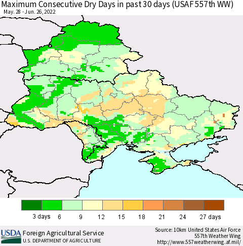 Ukraine, Moldova and Belarus Maximum Consecutive Dry Days in past 30 days (USAF 557th WW) 06/26/2022 Thematic Map For 6/20/2022 - 6/26/2022