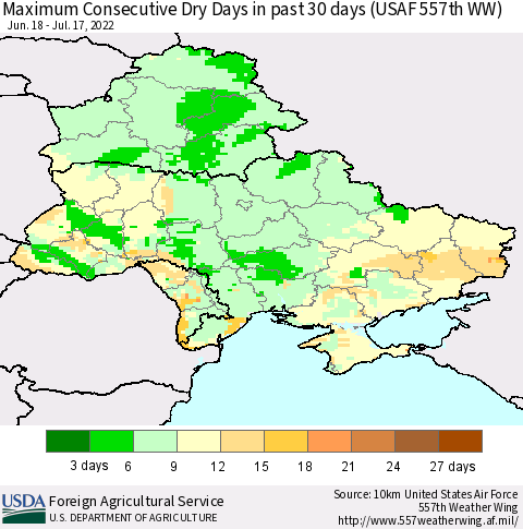 Ukraine, Moldova and Belarus Maximum Consecutive Dry Days in past 30 days (USAF 557th WW) 07/17/2022 Thematic Map For 7/11/2022 - 7/17/2022