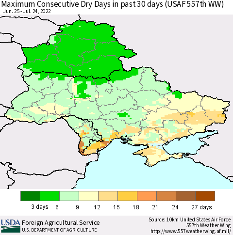 Ukraine, Moldova and Belarus Maximum Consecutive Dry Days in past 30 days (USAF 557th WW) 07/24/2022 Thematic Map For 7/18/2022 - 7/24/2022