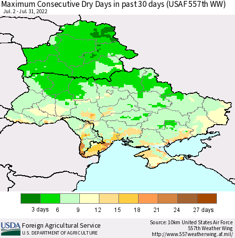 Ukraine, Moldova and Belarus Maximum Consecutive Dry Days in past 30 days (USAF 557th WW) 07/31/2022 Thematic Map For 7/25/2022 - 7/31/2022