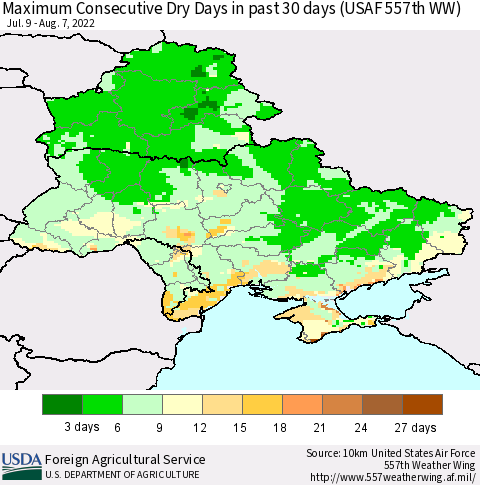 Ukraine, Moldova and Belarus Maximum Consecutive Dry Days in past 30 days (USAF 557th WW) 08/07/2022 Thematic Map For 8/1/2022 - 8/7/2022