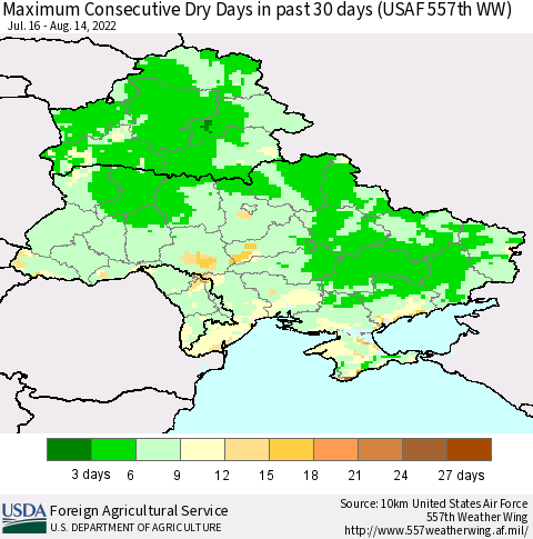 Ukraine, Moldova and Belarus Maximum Consecutive Dry Days in past 30 days (USAF 557th WW) 08/14/2022 Thematic Map For 8/8/2022 - 8/14/2022