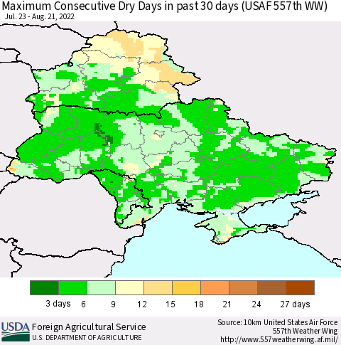 Ukraine, Moldova and Belarus Maximum Consecutive Dry Days in past 30 days (USAF 557th WW) 08/21/2022 Thematic Map For 8/15/2022 - 8/21/2022