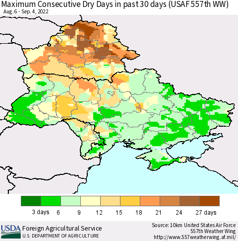 Ukraine, Moldova and Belarus Maximum Consecutive Dry Days in past 30 days (USAF 557th WW) 09/04/2022 Thematic Map For 8/29/2022 - 9/4/2022