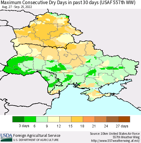 Ukraine, Moldova and Belarus Maximum Consecutive Dry Days in past 30 days (USAF 557th WW) 09/25/2022 Thematic Map For 9/19/2022 - 9/25/2022