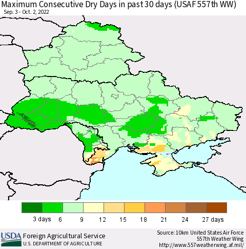 Ukraine, Moldova and Belarus Maximum Consecutive Dry Days in past 30 days (USAF 557th WW) 10/02/2022 Thematic Map For 9/26/2022 - 10/2/2022