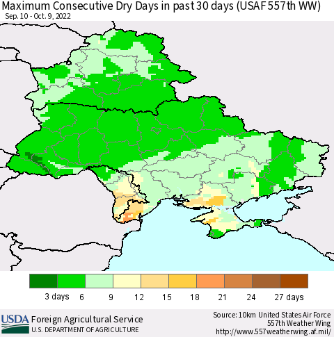 Ukraine, Moldova and Belarus Maximum Consecutive Dry Days in past 30 days (USAF 557th WW) 10/09/2022 Thematic Map For 10/3/2022 - 10/9/2022