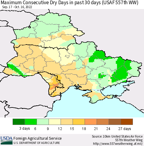 Ukraine, Moldova and Belarus Maximum Consecutive Dry Days in past 30 days (USAF 557th WW) 10/16/2022 Thematic Map For 10/10/2022 - 10/16/2022