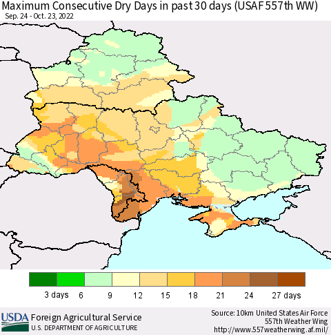 Ukraine, Moldova and Belarus Maximum Consecutive Dry Days in past 30 days (USAF 557th WW) 10/23/2022 Thematic Map For 10/17/2022 - 10/23/2022