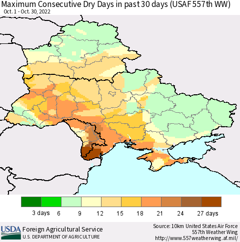 Ukraine, Moldova and Belarus Maximum Consecutive Dry Days in past 30 days (USAF 557th WW) 10/30/2022 Thematic Map For 10/24/2022 - 10/30/2022