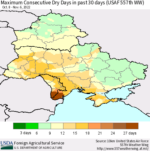 Ukraine, Moldova and Belarus Maximum Consecutive Dry Days in past 30 days (USAF 557th WW) 11/06/2022 Thematic Map For 10/31/2022 - 11/6/2022