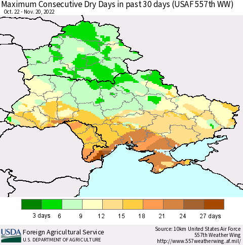Ukraine, Moldova and Belarus Maximum Consecutive Dry Days in past 30 days (USAF 557th WW) 11/20/2022 Thematic Map For 11/14/2022 - 11/20/2022