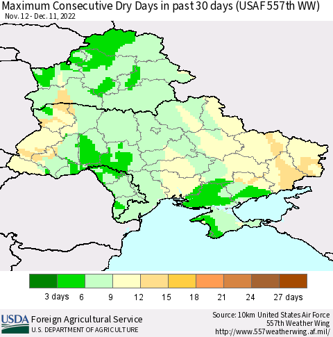 Ukraine, Moldova and Belarus Maximum Consecutive Dry Days in past 30 days (USAF 557th WW) 12/11/2022 Thematic Map For 12/5/2022 - 12/11/2022