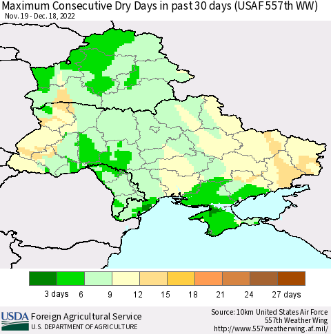 Ukraine, Moldova and Belarus Maximum Consecutive Dry Days in past 30 days (USAF 557th WW) 12/18/2022 Thematic Map For 12/12/2022 - 12/18/2022