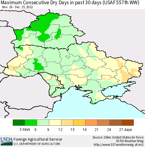 Ukraine, Moldova and Belarus Maximum Consecutive Dry Days in past 30 days (USAF 557th WW) 12/25/2022 Thematic Map For 12/19/2022 - 12/25/2022