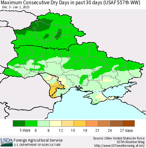 Ukraine, Moldova and Belarus Maximum Consecutive Dry Days in past 30 days (USAF 557th WW) 01/01/2023 Thematic Map For 12/26/2022 - 1/1/2023
