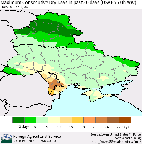 Ukraine, Moldova and Belarus Maximum Consecutive Dry Days in past 30 days (USAF 557th WW) 01/08/2023 Thematic Map For 1/2/2023 - 1/8/2023