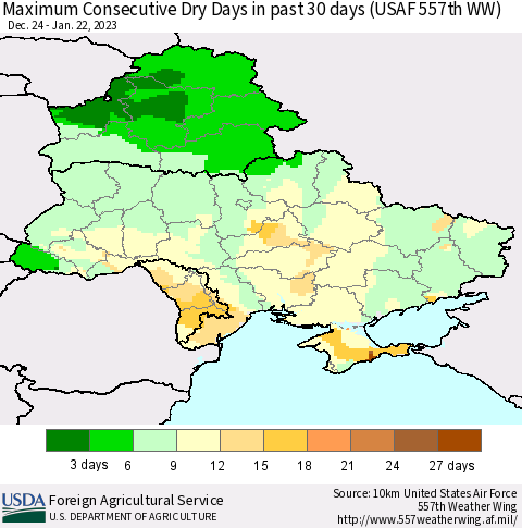 Ukraine, Moldova and Belarus Maximum Consecutive Dry Days in past 30 days (USAF 557th WW) 01/22/2023 Thematic Map For 1/16/2023 - 1/22/2023