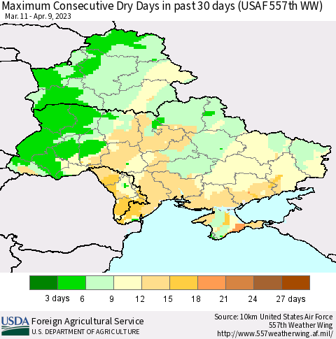 Ukraine, Moldova and Belarus Maximum Consecutive Dry Days in past 30 days (USAF 557th WW) 04/09/2023 Thematic Map For 4/3/2023 - 4/9/2023