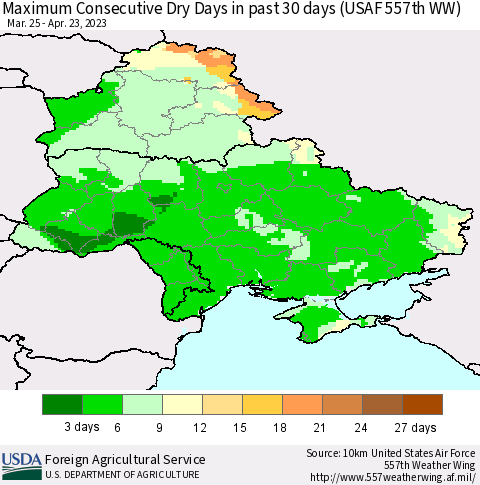 Ukraine, Moldova and Belarus Maximum Consecutive Dry Days in past 30 days (USAF 557th WW) 04/23/2023 Thematic Map For 4/17/2023 - 4/23/2023