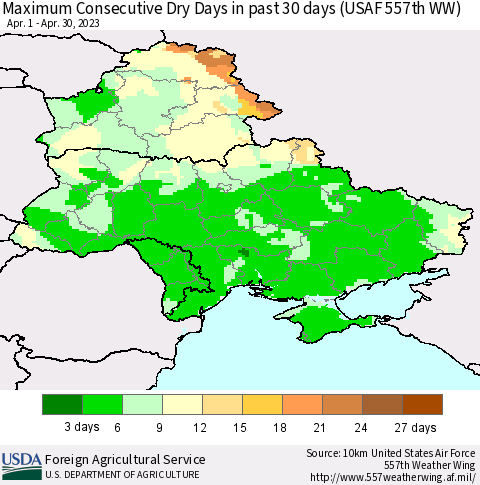 Ukraine, Moldova and Belarus Maximum Consecutive Dry Days in past 30 days (USAF 557th WW) 04/30/2023 Thematic Map For 4/24/2023 - 4/30/2023